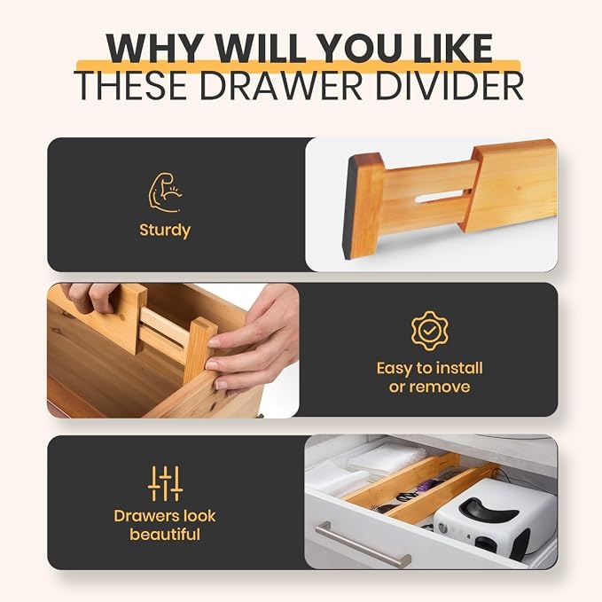 Adjustable Bamboo Drawer Dividers, Drawer Organizer for Kitchen, Bedroom, Bathroom, Office Desk, Dresser Nursery & Silverware, Natural Wooden Separators with Soft Foam Ends, Expandable