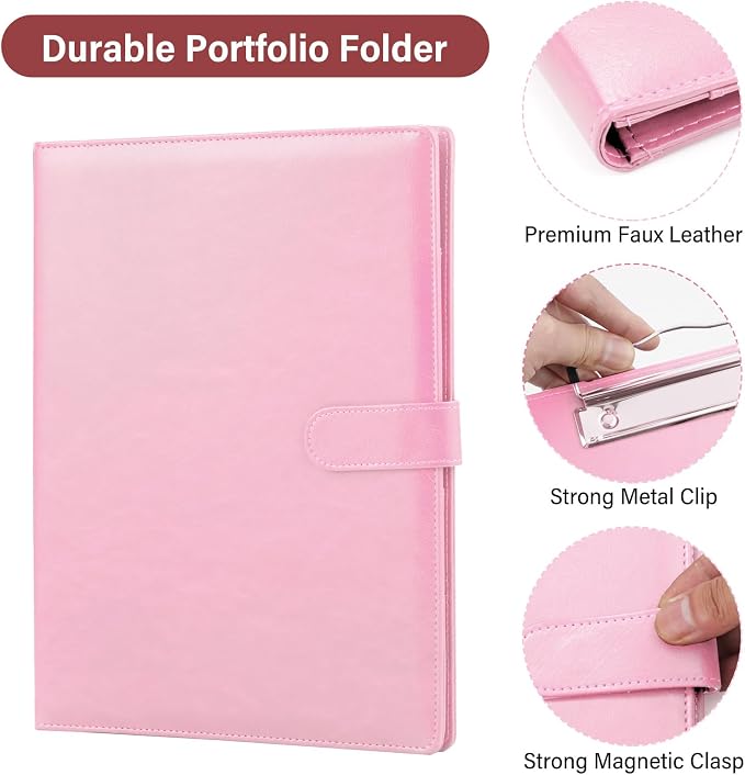 Professional Padfolio,Pink Faux Leather Portfolio Binder | Includes clipboard,business card holder and document storage for office,conference,interviews,resume papers and business use