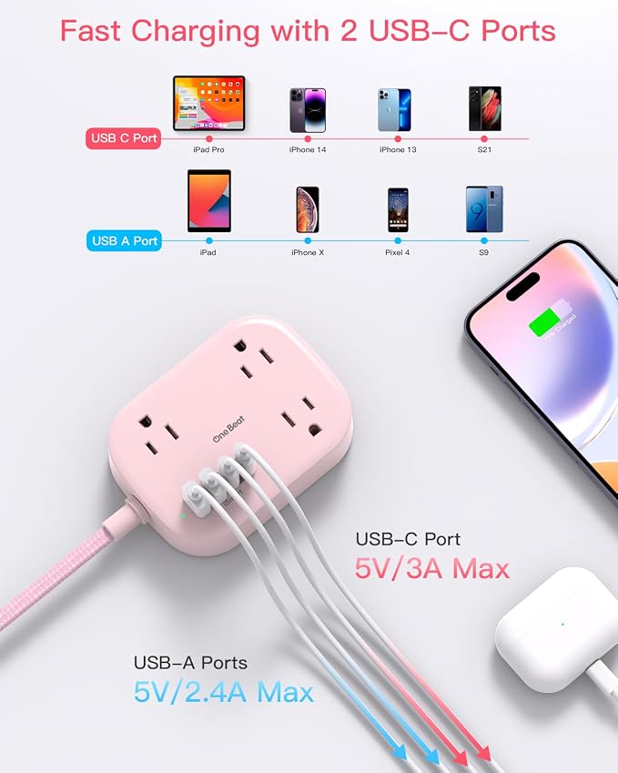 Cruise Essentials 2026,Travel Power Strip with USB C,Flat Plug Extension Cord with 3 Outlets 4 USB Ports(2 USB C),6 ft Desk Wall Outlet Extender,Non Surge Protector for Cruise,Dorm Room,ETL-Pink