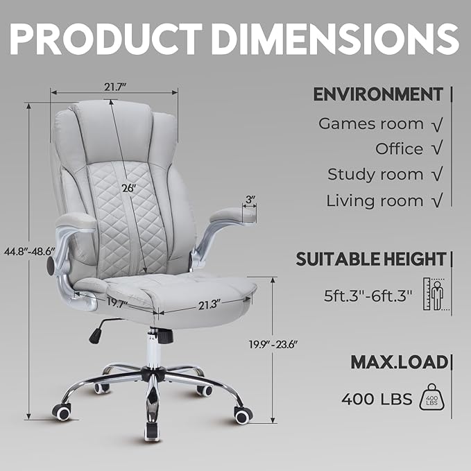 400lbs Executive Office Chair with Flip-Up Armrests, Big and Tall Computer Chair for Heavy People, Heavy Duty Ergonomic Comfy Chair, Breathable PU Leather (Grey)