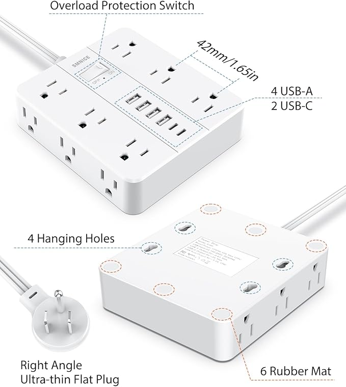 Power Strip 10ft Extension Cord,SMNICE Flat Plug with 12 Outlets 6 USB(2 USB C),Power Strip Charging Station with Overload Protection for Home, Dorm,Office