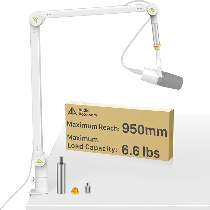 AA AUDIO ACCESSORY White Mic Boom Arm (Design for Heavy Mic) Extra-Long 950mm, 6.6lbs Load Capacity, Gear-Lock Suspension Scissor Microphone Stand Desk Mount for Shure SM7B SM7dB MV7, Blue Yeti, Rode