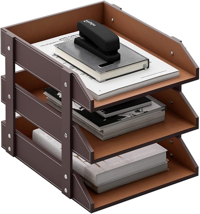 3 Tier Leather Magazine File Holder, Thipoten Paper Tray Organizer Desk Document File Organizer (Brown)