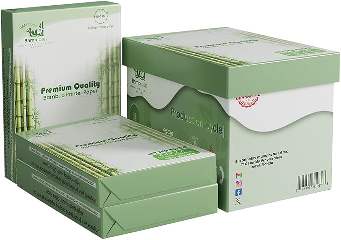 BAM POS Bamboo Printer Paper - 8 1/2” x 11”- 20LB Multipurpose White Paper - Made from Bamboo Fiber, Renewable Resources, Zero Trees Used - 3 reams (1500 Sheets)