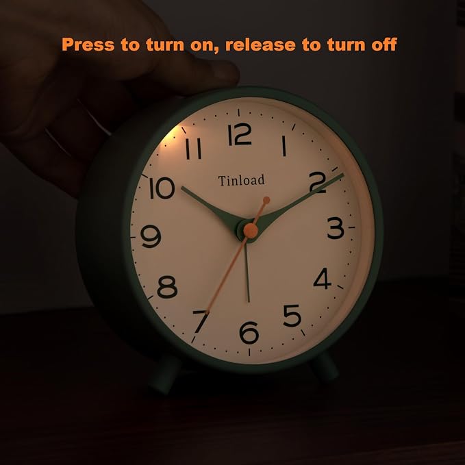 Tinload 4.5" Antique Retro Analog Alarm Clock, Small Silent Bedside Desk Clock,Lighted on Demand, Battery Operated, Snooze, for Living Room, Bedroom, Bedside(Green)