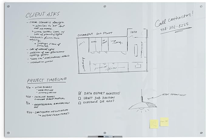 U Brands Magnetic Glass Dry Erase Board, Office Supplies, White, with Eraser, Markers, Magnet, 18” Tray, 5mm, 48” x 72”