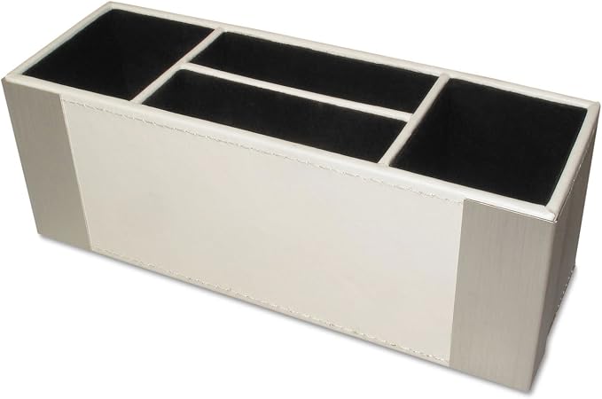 Architect Line Leather-Like Supply Caddy Desk Organizer, White with Brushed Metal, Matching White Stitching and Velvet-Like Lining