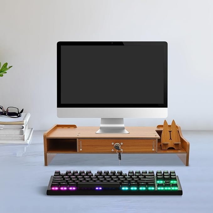 Wood Monitor Riser Drawer with Lock Computer Laptop PC Stand Desk Organizer
