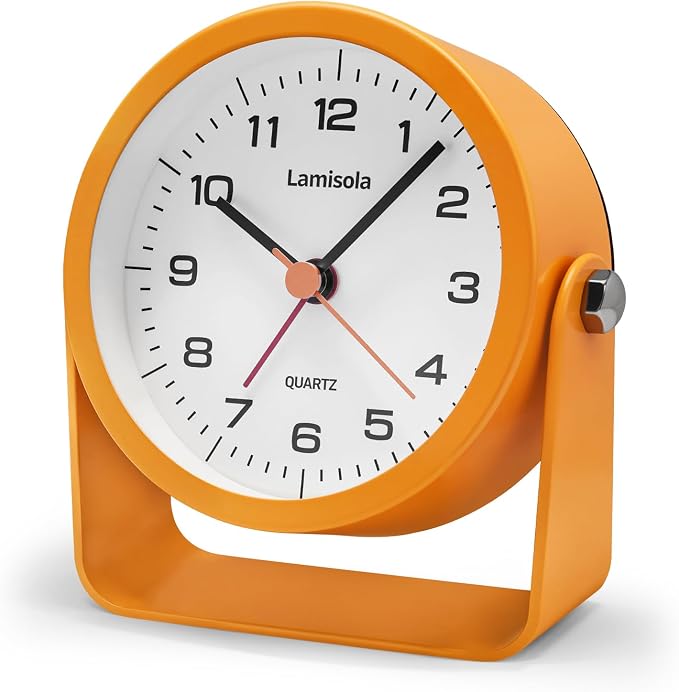 Lamisola 3.5 Inch Bathroom Clock, Small Alarm Clock for Bedroom, Orange | Battery Travel Desk Table Analog Clock for Kids Seniors Teens, Retro Cute Metal Home Decor Shelf Clock, Night Light Snooze