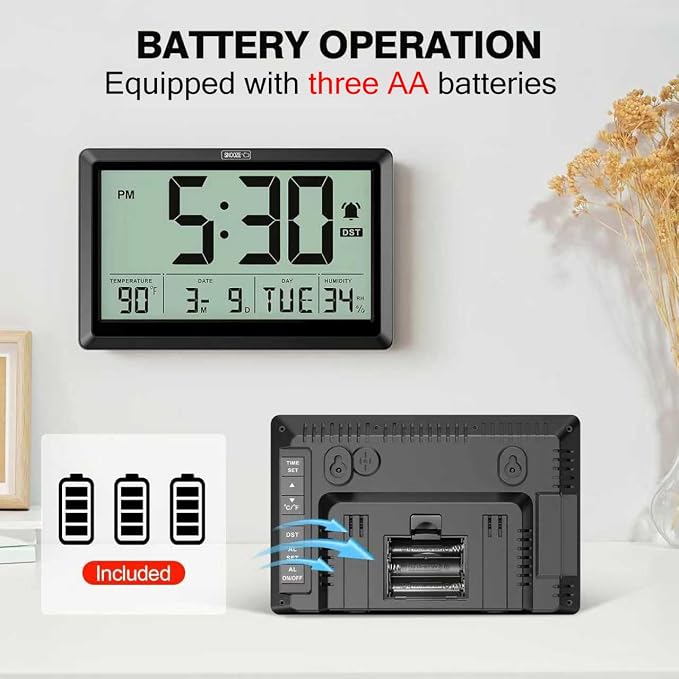 XREXS 10.4 Inch Digital Wall Clock Battery Operated Large Display Clock | Digital Calendar with Indoor Temperature/Humidity/Date/Day, Auto DST for Classroom, Livingroom, Office(No Backlight)