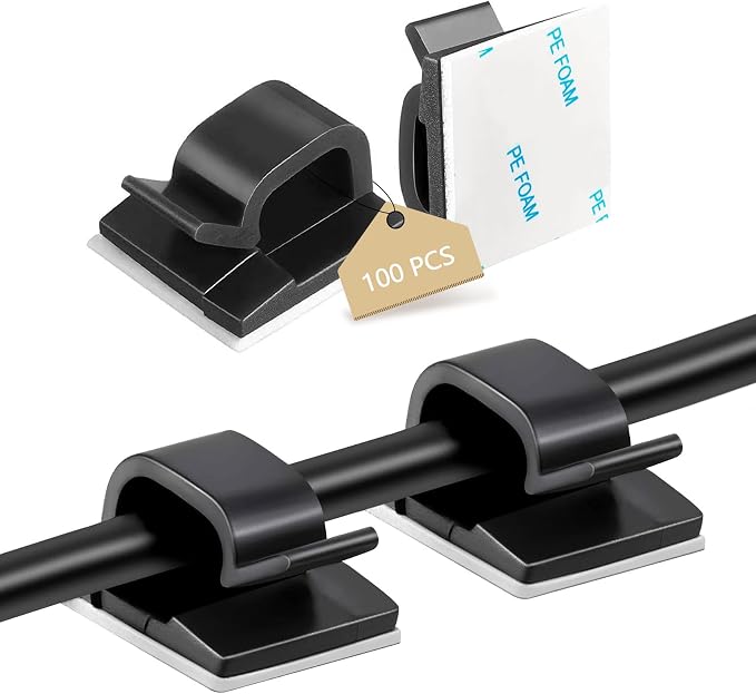 Abnii 100PCS Adhesive Cable Clips, Cord Wire Organizer, Black, Small | Cable Staples Outdoor Strong Cord Management Clips for Christmas Lights, String Lights, Fairy Lights, Dash Cam, Wall, Desk