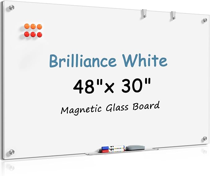 MaxGear Tempered Glass Whiteboard Dry Erase Board 48x30 Inch Ultra White | Magnetic Steel,Frameless Design,Smooth Writing,Ghost Free,Wall Mounted,Accessory Kits,Office Classroom Conference Room Use