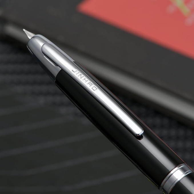 Jinhao 10 Press Fountain Pen with Box, Piano Black Retractable Extra Fine Nib with Ink Converter Set (Silver Clip)