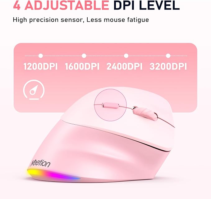 MEETION Ergonomic Mouse, Wireless Vertical Mouse RGB Backlit Rechargeable Mice for Bluetooth(5.2 + 3.0) USB, 4 Adjustable DPI Compatible Mac/Windows/Andriod/PC/Tablet/iPad Pink