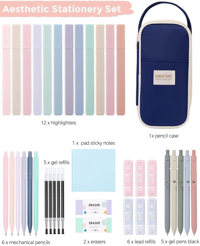 SKYDUE Cute School Supplies Kit, 38 PCS Aesthetic Stationery Set with Large Pencil Case, Pens, Mechanical Pencils, Highlighters & Sticky Notes for School, College