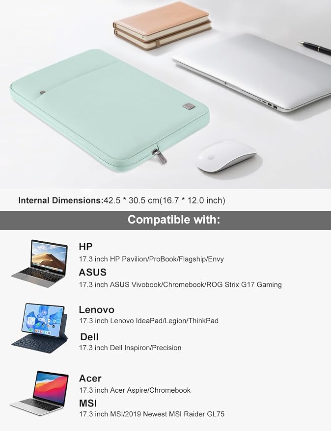 DOMISO 17 inch Laptop Sleeve Case Notebook Bag Protective Carrying Handbag for 17.3" Dell Inspiron/MSI GS73VR Stealth Pro/IdeaPad 300 320 321/HP Envy 17/LG Gram 17"/ASUS ROG Strix GL702VS,Mint Green