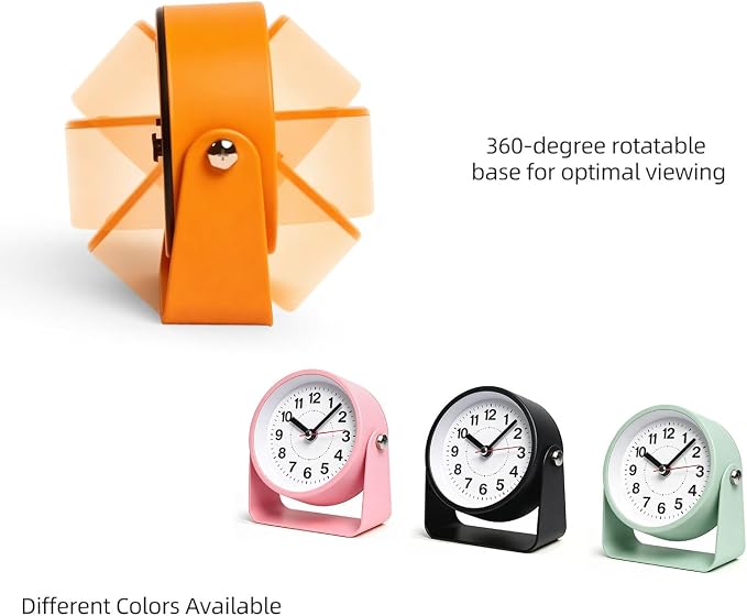 3.5" Analog Alarm Clock Silent Light Snooze 360° Adjustable Angle | Small Retro Desk Clock Battery Operated, Silent Metal Table Clock with Light for Living Room,Bedroom Loud Alarm Clock Adults