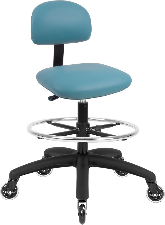 FSS Series Square seat Tall (25"-35") seat Height Chair. Vinyl-for Office, Garage, Desk, Shop, Computer, Doctor, Medical, Easy to Clean! 18" Footring (Aqua, Tall, Rubber Roller Casters)