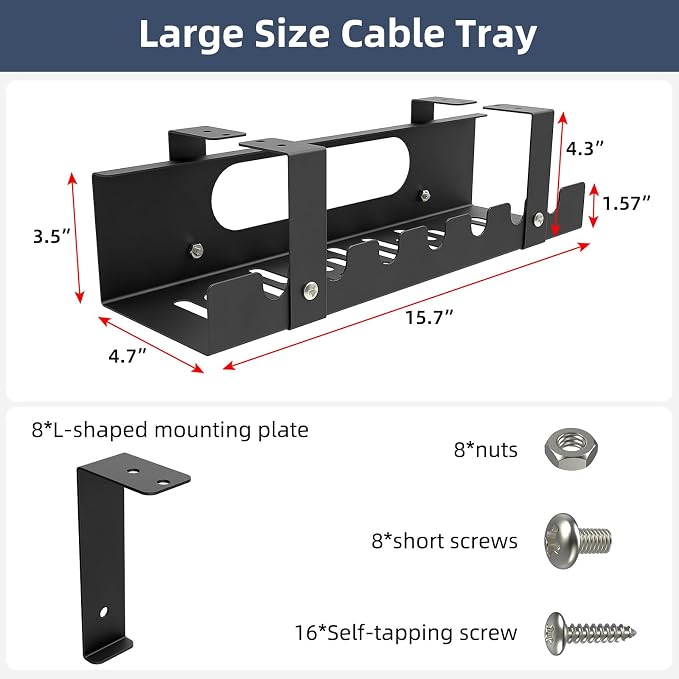 2 Pack Cable Management Under Desk Tray,Adjustable Length(15.7”-31.4”) | 2 in 1 Large Cord Organizer for Wire Management Tray,Under Table Cord Wire Organizer for Home ,Office,Computer Desk