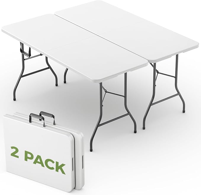 Folding Table 2 Pack, 6 FT Foldable Plastic Table with Carrying Handle, Heavy Duty Portable Fold-in-Half Utility Table for Party, Camping, Banquet, Craft, Wedding, Indoor & Outdoor Use