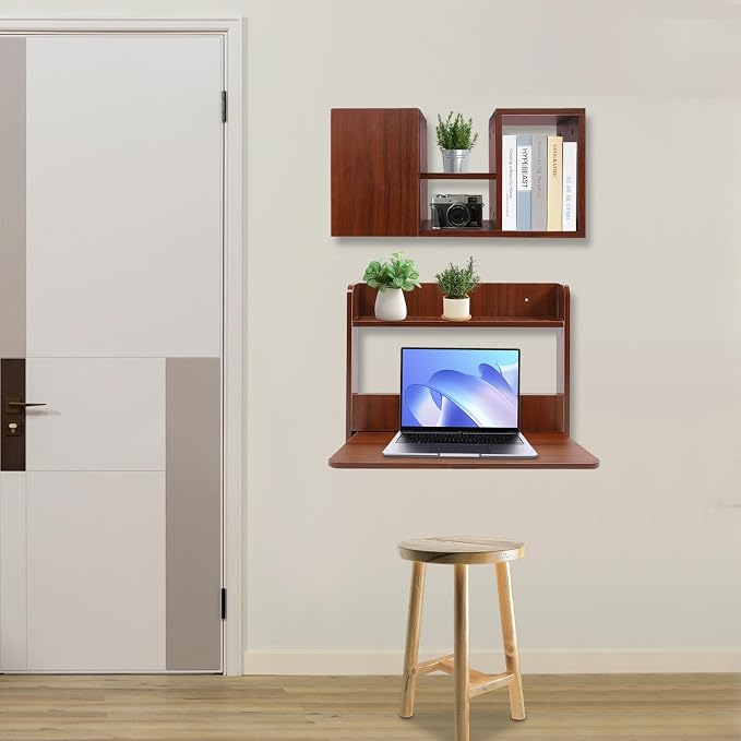 Floating Desk, 24" Wall Mounted Folding Desk with Bookshelf Folding Wall Desks Space Saving Workstation with Storage Shelves for Home Office Bedroom Study Room Small Space