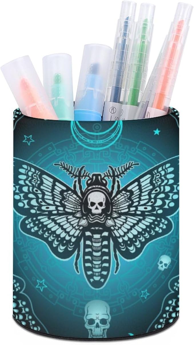 Moth Pen Holder for Desk PU Pencil Cup Organizer | Round Desks Makeup Brush Holder for School Multifunctional Office Supplies