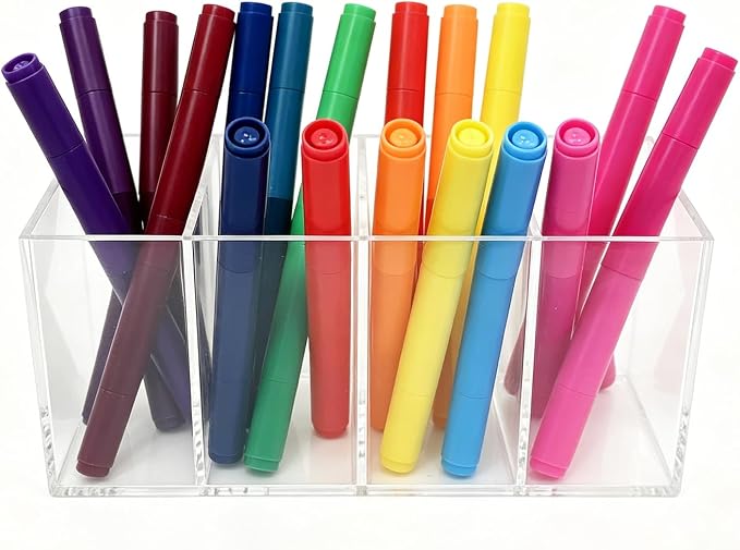4 Compartment Acrylic Pen Holder, Large Capacity Clear Makeup Brush Organizer for Desk, Multi-Section Pencil Caddy for Office Supplies, Cosmetics, and Art Markers, Heavy-Duty Storage Container