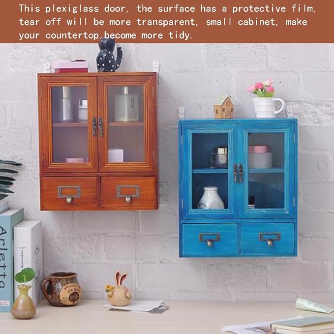 Rustic Apothecary Cabinet - 12" L x 4.7" W x 14" H Vintage Pine Countertop Cabinet with 2 Shatterproof Clear Doors & 2 Drawers, Small Spice Organizer for Kitchen, Bathroom, Office (Brown)
