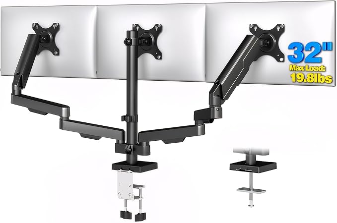 Triple Monitor Mount for 17-32" Screens, VESA 75/100mm | Holds up to 19.8lbs per Arm. Full Motion Tilt, Swivel, 360 Rotation, Extra Tall Pole, C-clamp/Grommet Base.