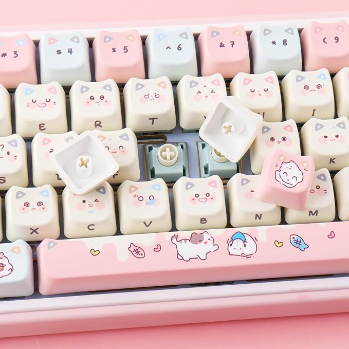 Tsungup PBT Keycaps Mao Profile-Pink Cream Keycap,127 Keys Cute Hiding Cat Theme Custom Key Caps Keyboard Keycaps, Dye Sub Keycap Set for 60%,65%,75%,100% Mechanical Keyboard