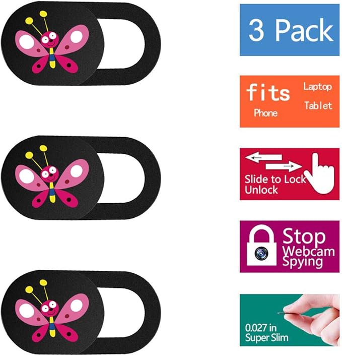SIREG Webcam Cover Slide 0.027in Ultra Thin Web Camera Cover for Laptops Smartphone PC Tablets for Protecting Your Privacy Security (Butterfly-Black & 3 Pack)