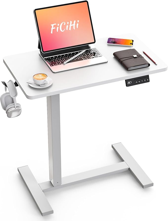FiCiHi Electric Standing Desk with Wheels – Adjustable Height Mobile Sit-Stand Laptop Table, Portable Rolling Small Computer Workstation for Home Office & Bedside Use (28"x16", White)