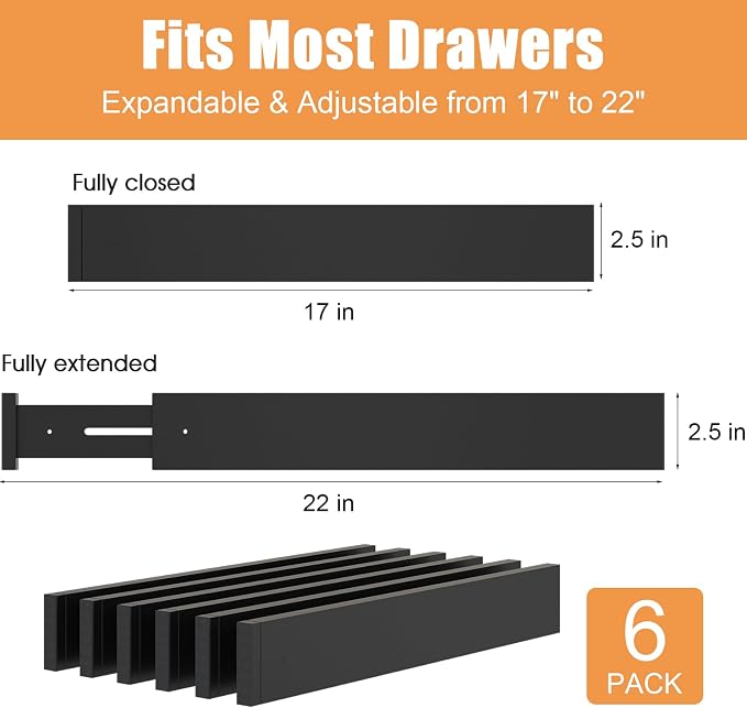Bamboo Drawer Dividers, Adjustable Drawer Organizers, Fits 17.6–21" Drawers | 2.5" High, 6 Pack Expandable Drawer Separators for Kitchen, Nursery, Dressers & Office Storage, Black
