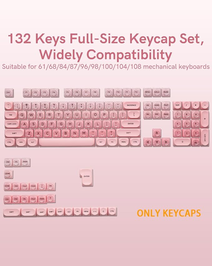 132 Keys PBT Keycaps, Jelly Keycaps Cute Creamy Key caps MOA Profile, MX-Compatible for 61/68/84/87/98/100/104-Key Mechanical Keyboard(Not Included), Pink