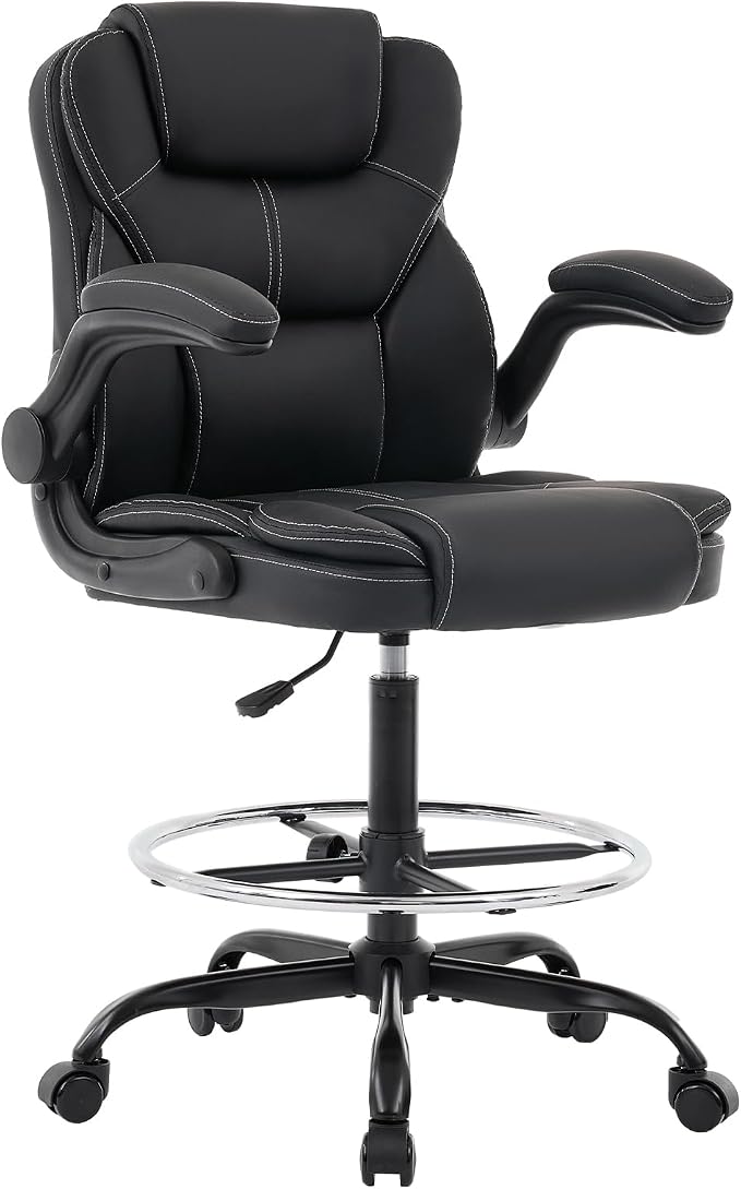 Drafting Chair Tall Office Chair for Standing Desk, 500lbs Heavy Duty Executive Chair with Flip-up Arms, 3D Contoured Leather Desk Chair with Adjustable Foot Ring & Height for Counter Height Desk