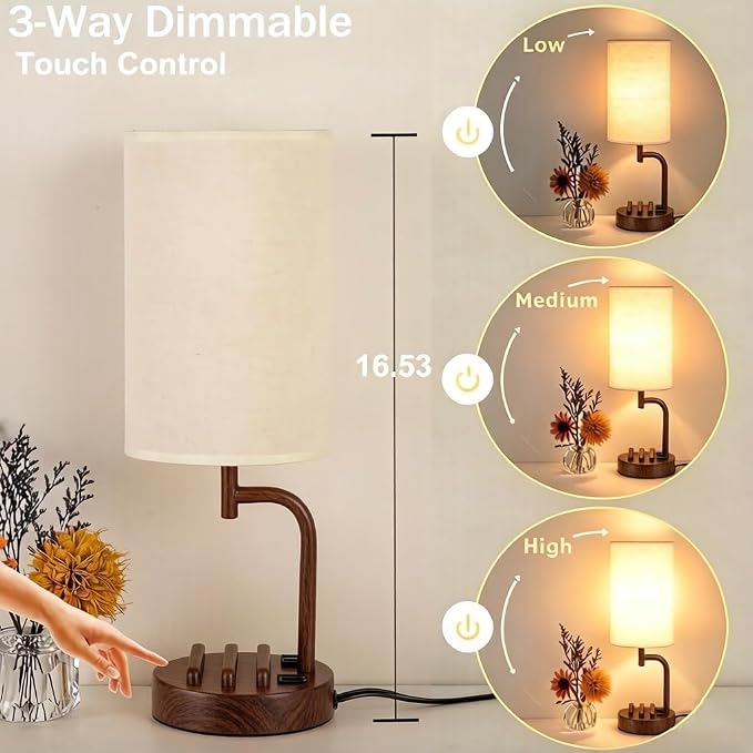 Dreamholder Touch Control USB Table Lamp with USB C/A & AC Outlet, 3-Way Dimmable Bedside Lamp, Modern Nightstand Lamps for Bedroom Living Room Guest Room Office, Bulb Included, Walnut