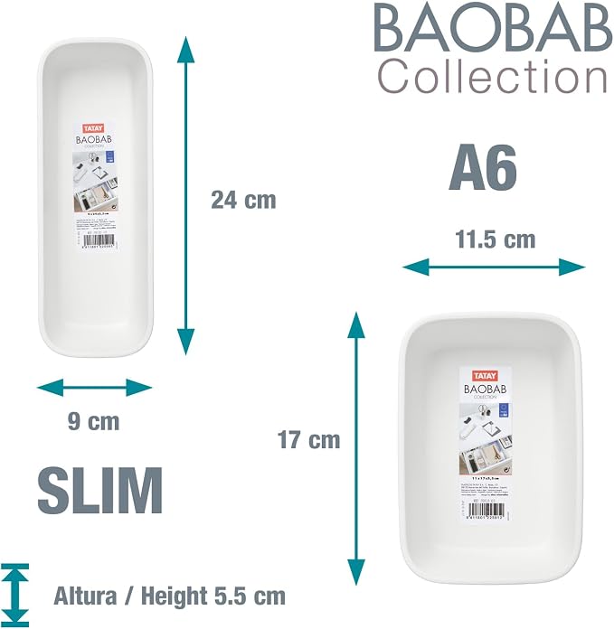 TATAY Drawer Organiser A6 Baobab, Polypropylene, BPA Free, White. Measures 11.3 x 17 x 5.6 cm