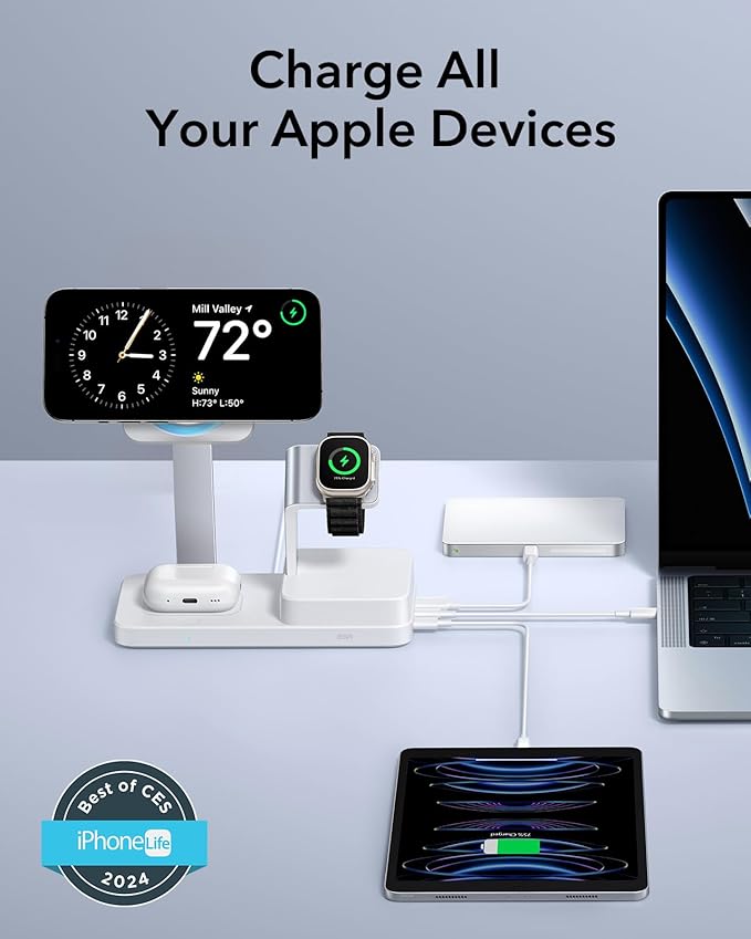 ESR 100W 6-in-1 GaN Charging Station with CryoBoost, Compatible with MagSafe Charger Stand, Magnetic Wireless Charger for iPhone 17e/17/16/15/14/13/12, Apple Watch, AirPods Pro/3/2, Classic White