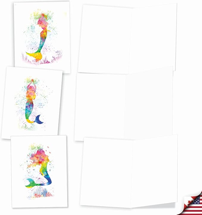The Best Card Company Assorted Watercolor Blank Greeting Card Box Set - Incl. 10 Notecards + Envelopes, 10 Unique Designs for Thank You, Invitations, More - Funky Rainbow Mermaids AM6863OCB-B1x10