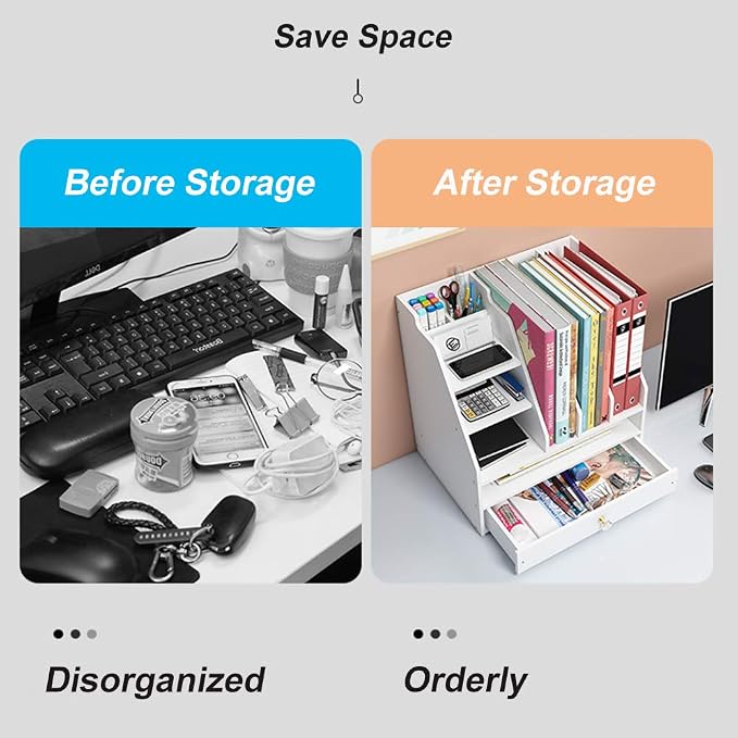 Desk Organizer with Pen Holder, DIY White Office Stationery Desktop Storage Holder Sorter with Drawer for Home, Office and School (PB04)