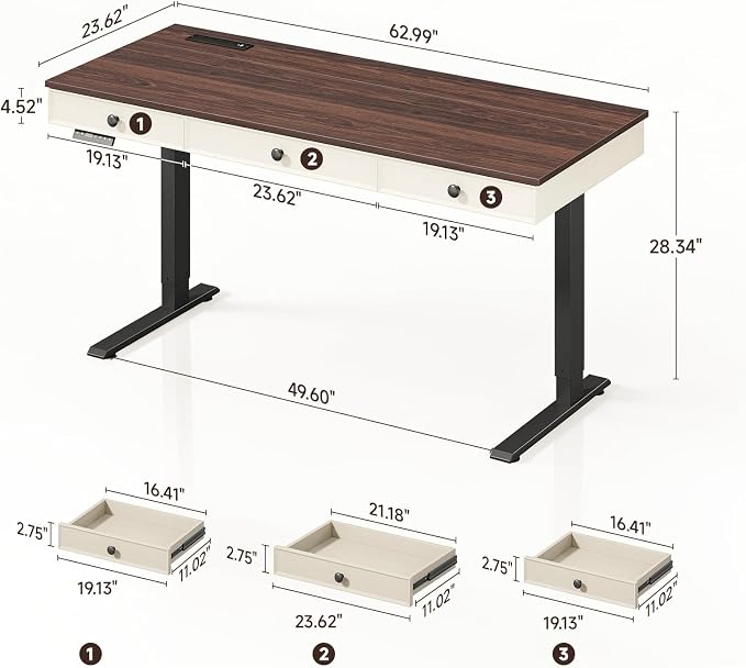 63 Inch Electric Standing Desk with 3 Drawers, Home Office Desk, Walnut | Computer Desks Retro Corner Table & Drawers, Height Adjustable Stand Up Desk with Storage & Outlets for Computer Workstation