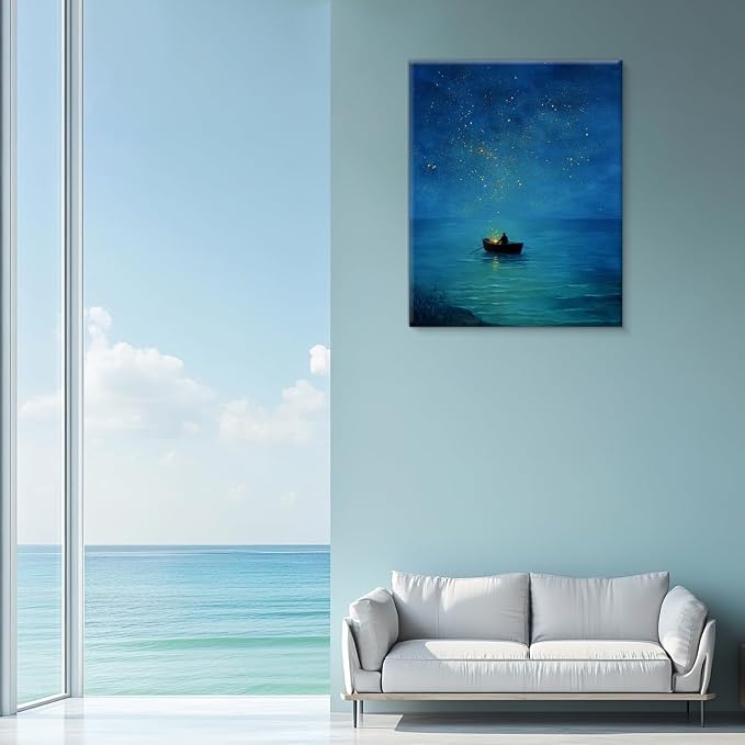 Ocean Wall Art, Blue Night Sea Boat Starry Sky Canvas Wall Decor, Aesthetic Seascape Canvas Poster Pictures, Calm Minimalist Print for Living Room Bedroom Office 8x10 Framed