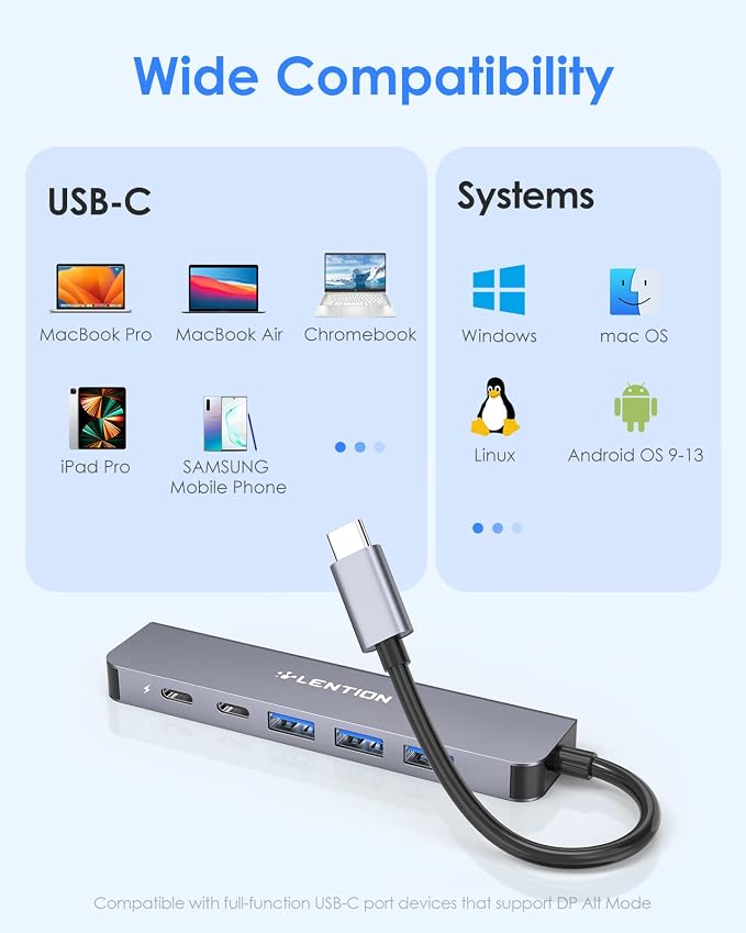LENTION USB C Hub, Multiport with 4K@60Hz HDMI, 3xUSB-A Ports, USB-C Data Port, 100W PD Port, Compatible New MacBook Pro/Air, iPhone 17 Pro/Pro Max, Surface, Chromebook, More(CE35p, Gray)