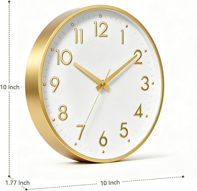 Mosewa 10 Inch Wall Clock Battery Operated Silent Non Ticking Analog | White Gold modern clock; oversized 3D easy-read dial for kitchen, bedroom & office; 1 AA battery (not included)