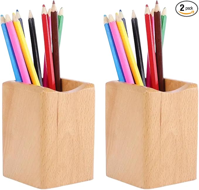 Wooden Pen Holder for Desk, 2 Pack Natural Wood Pencil Cup Holder – Office Desk Accessories Organizer, Makeup Brush Holder, Kids Crayon Marker Caddy, Eco-Friendly (2 Pack Beech Color)