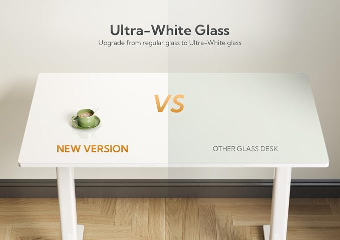 Claiks 40x24 Inch Super White Glass Standing Desk | Adjustable Height, Tempered Glass Top, Stand Up, Quick Install, 3 Memory Presets