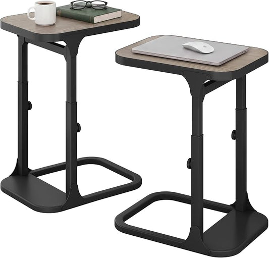 Kitstorack Height Adjustable End Table 2 Pack, Small Side Table for Couch, Sofa Table with Metal Frame for Living Room, Bedroom, Bedside C Shaped Table,Greige