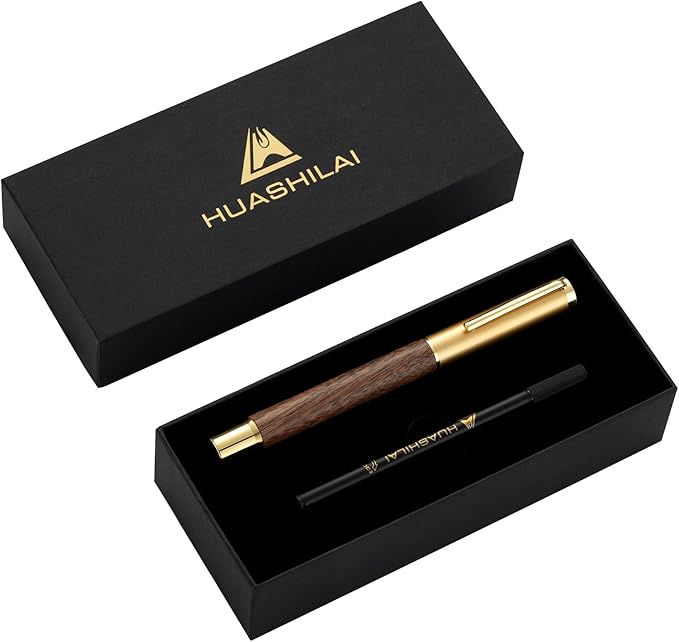 Luxury Wooden and Metal Rollerball Pen Set with Spare Gel Ink Refill,Rosewood,White Oak,Walnut Wood Signature Roller Ball Pen,Business Gift Set for Men and Women (Walnut Wood)