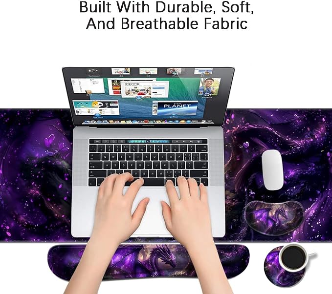 MIBITRI Keyboard Mouse Pad Set, Extended Gaming Mouse Pad+Ergonomics Keyboard Wrist Rest Support, Memory Foam, Easy Typing Pain Relief, 4Pcs XXL Ultra Thick Desk Mat, Dragon
