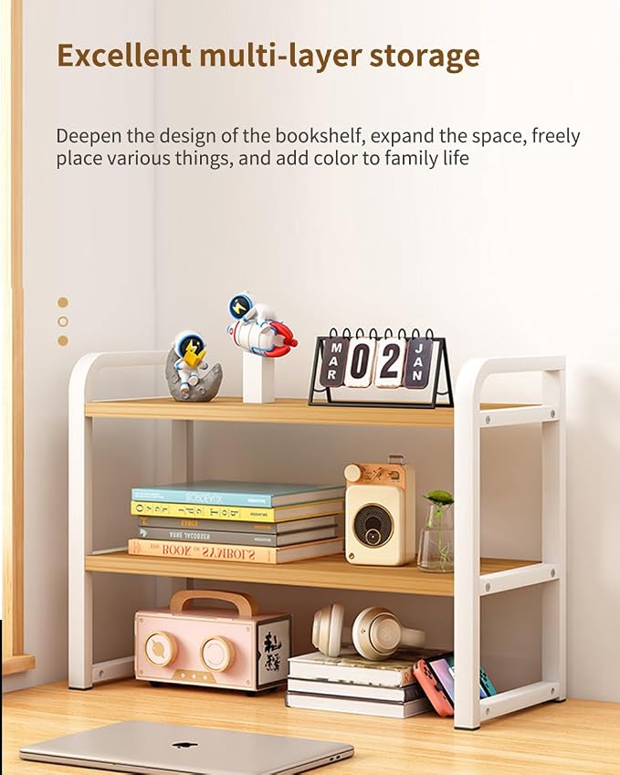 Office Desk Shelf Organizer, Wood Desktop Bookshelf Supplies Storage Rack, Shelf for Top of Desk and Dresser and Cubicle Decor Aesthetic Bookshelf (White Wood-Two Tier)